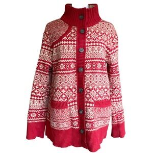 Eddie Bauer Wool Fair Isle Red Cardigan Sweater Large Scandigirl Nordic Heritage